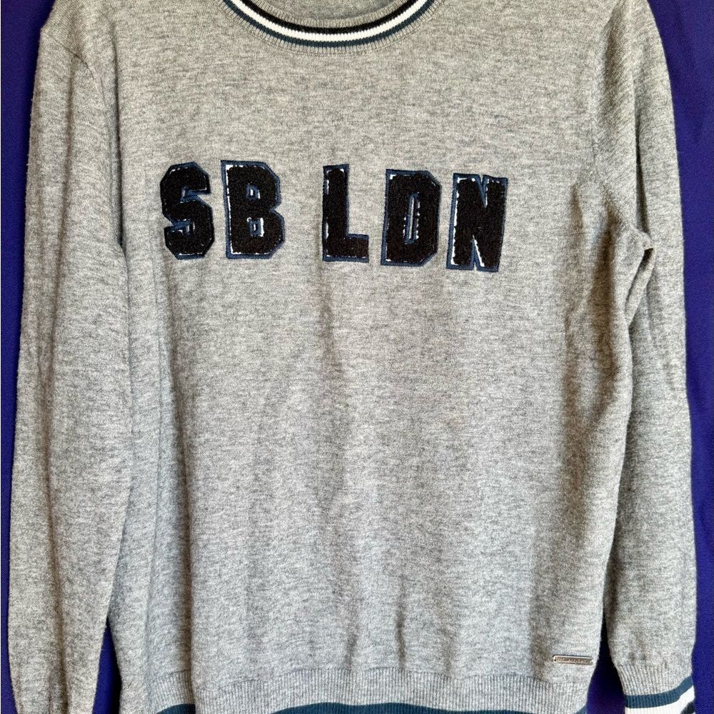 Sweaty Betty SB LDN Varsity Knit Sweater Small Gray Preppy Fall Soft Girl Cozy